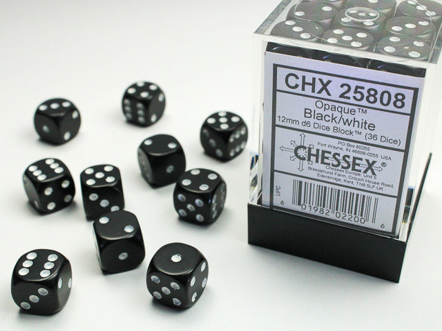 Chessex Dice - 12mm d6 Dice Block - 36 Dice - Opaque - Black/white