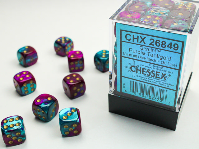 Chessex Dice - 12mm d6 Dice Block - 36 Dice - Gemini - Purple-Teal/gold
