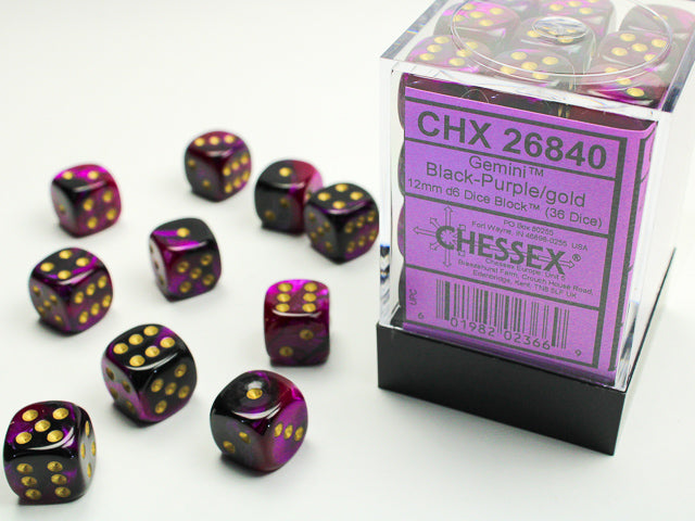 Chessex Dice - 12mm d6 Dice Block - 36 Dice - Gemini - Black-Purple/gold