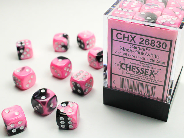 Chessex Dice - 12mm d6 Dice Block - 36 Dice - Gemini - Black-Pink/white