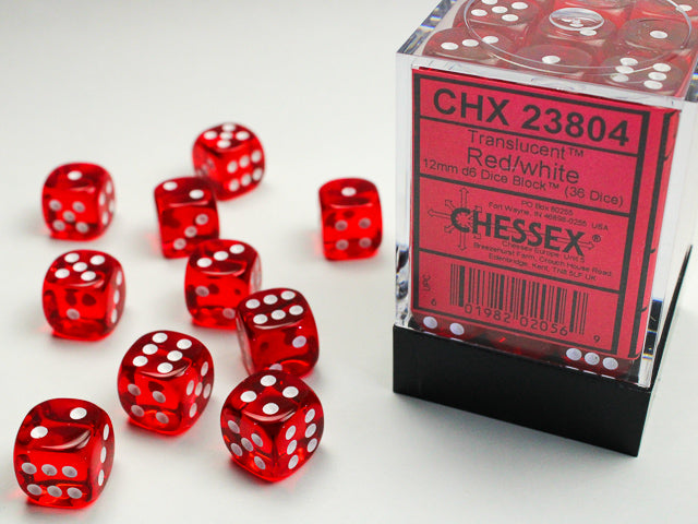 Chessex Dice - 12mm d6 Dice Block - 36 Dice - Translucent - Red/white