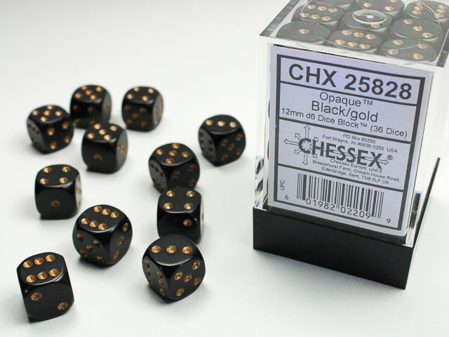 Chessex Dice - 12mm d6 Dice Block - 36 Dice - Opaque - Black/gold