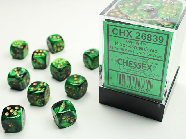 Chessex Dice - 12mm d6 Dice Block - 36 Dice - Gemini - Black-Green/gold