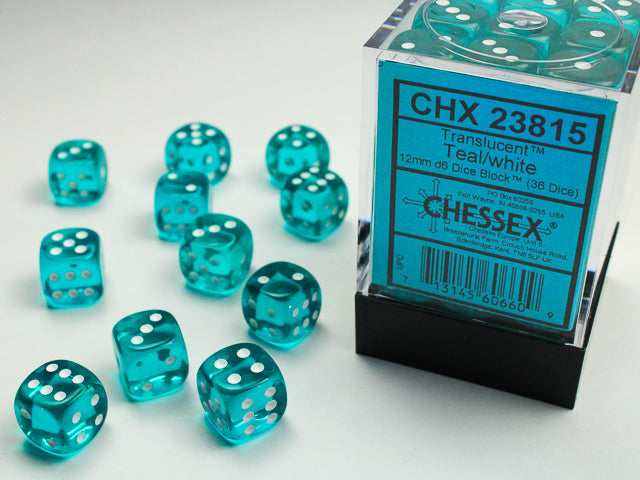 Chessex Dice - 12mm d6 Dice Block - 36 Dice - Translucent - Teal/white