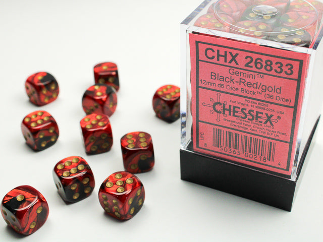 Chessex Dice - 12mm d6 Dice Block - 36 Dice - Gemini - Black-Red/gold