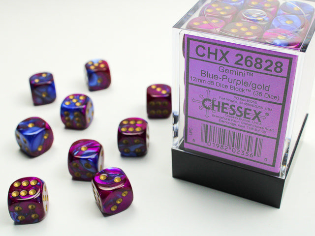 Chessex Dice - 12mm d6 Dice Block - 36 Dice - Gemini - Blue-Purple/gold