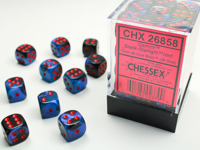 Chessex Dice - 12mm d6 Dice Block - 36 Dice - Gemini - Black-Starlight/red