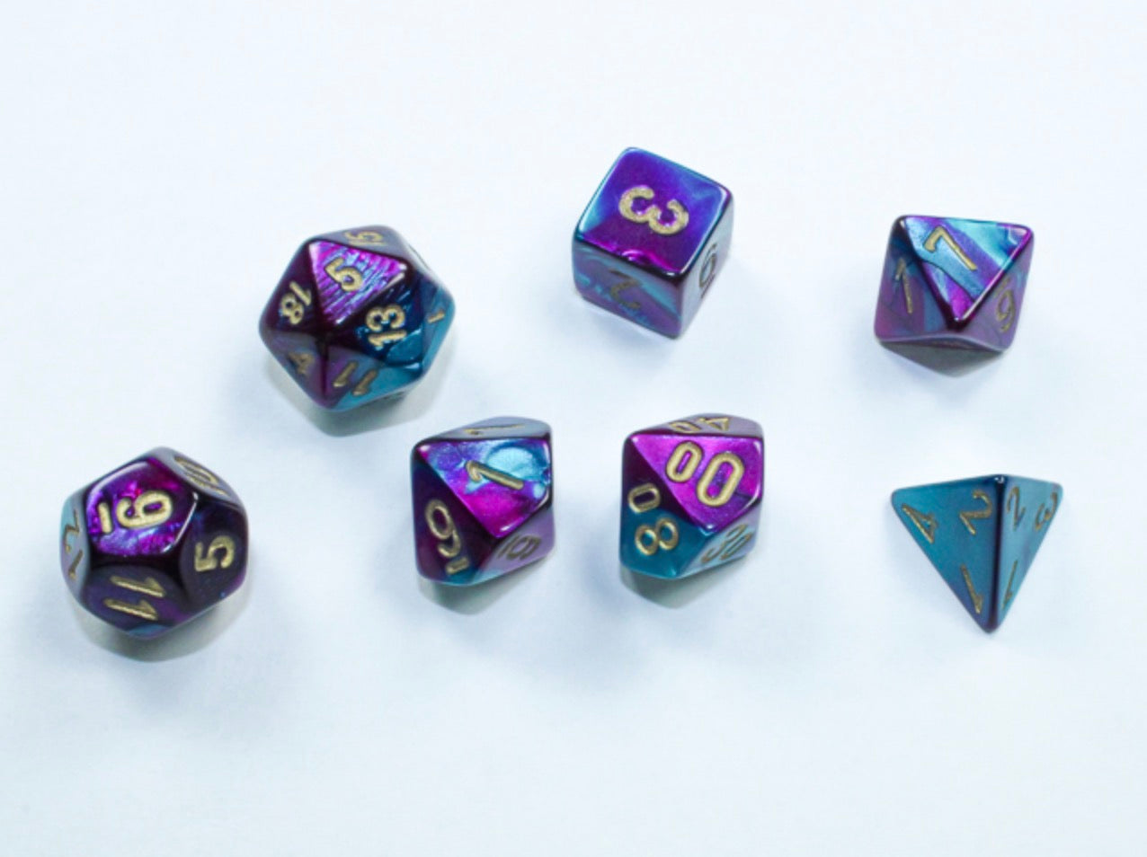 Chessex - Mini-Polyhedral 7 Die Set - Gemini, Purple, Teal & Gold