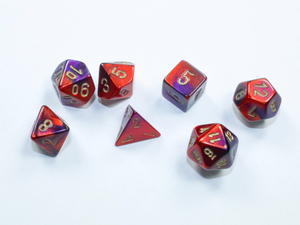 Chessex - Mini-Polyhedral 7 Die Set - Gemini, Purple, Red & Gold