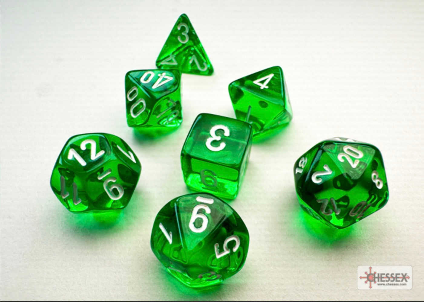 Chessex - Mini-Polyhedral 7 Die Set - Translucent, Green & White