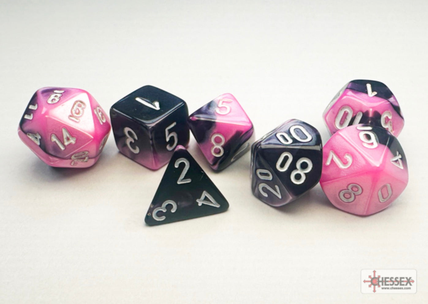 Chessex - Mini-Polyhedral 7 Die Set - Gemini, Black, Pink & White
