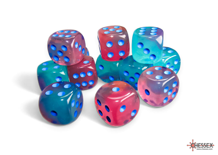 Chessex Dice - 16mm d6 Dice Block - 12 Dice - Gel - Green-pink Turquoise/Blue