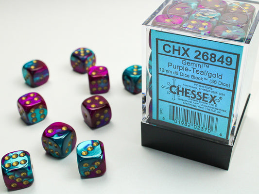 Chessex Dice - 12mm d6 Dice Block - 36 Dice - Gemini - Purple-Teal/gold