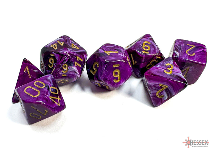 Chessex Dice - Polyhedral 7 - Die Set - Vortex - Purple/gold