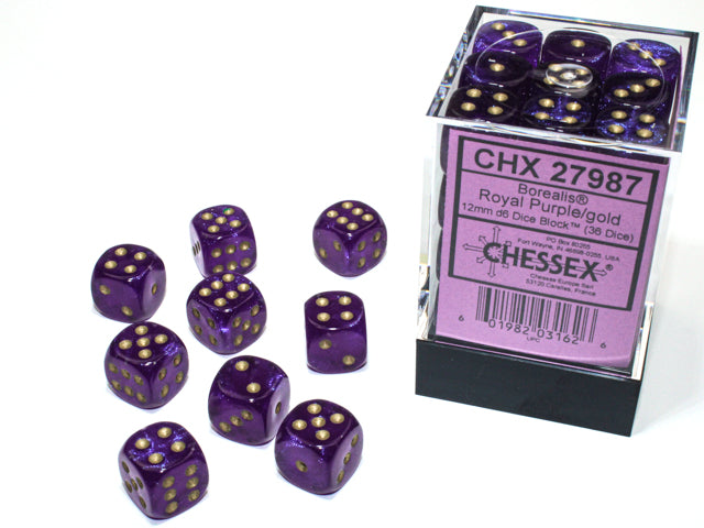 Chessex Dice - 12mm d6 Dice Block - 36 Dice - Borealis - Royal Purple/Gold