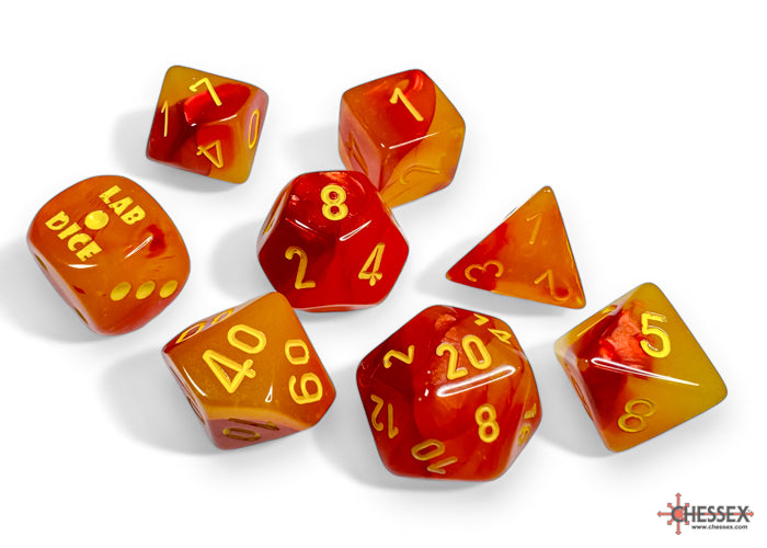 Chessex Dice - Polyhedral 7-die Set with bonus die - Gemini - Gellow-Red/Yellow - Luminary effect