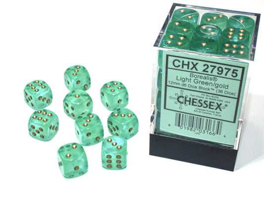 Chessex Dice - 12mm d6 Dice Block - Borealis - Light Green/gold