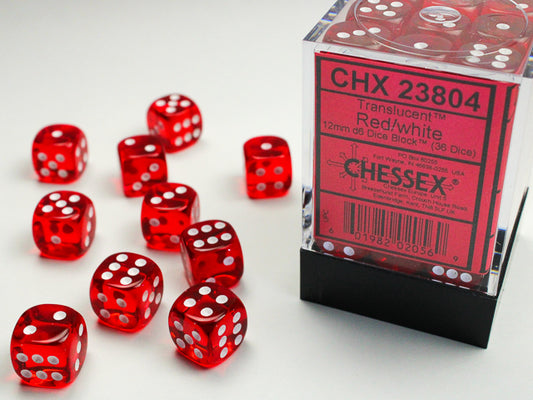 Chessex Dice - 12mm d6 Dice Block - 36 Dice - Translucent - Red/white