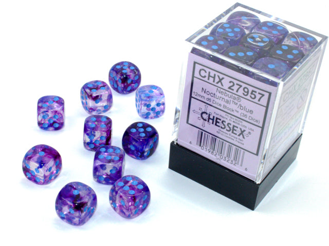 Chessex Dice - 12mm d6 Dice Block - 36 Dice - Nebula - Nocturnal/blue