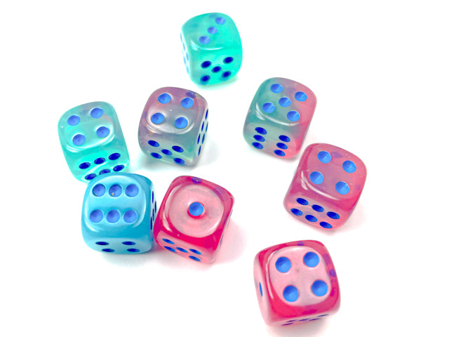Chessex Dice - 12mm d6 Dice Block - 36 Dice - Gemini - Gel Green-Pink/Blue