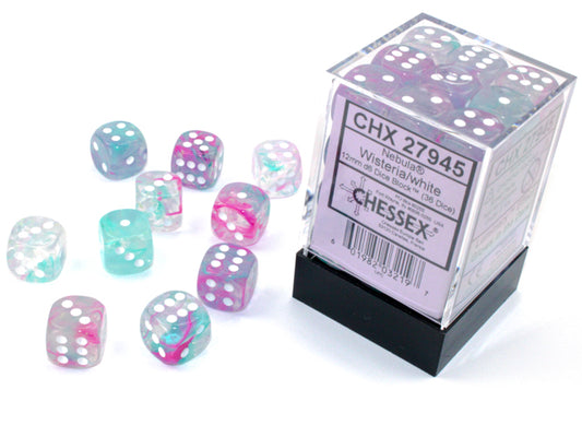 Chessex Dice - 12mm d6 Dice Block - 36 Dice - Nebula - Wisteria/white