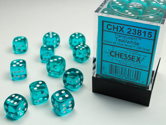Chessex Dice - 12mm d6 Dice Block - 36 Dice - Translucent - Teal/white