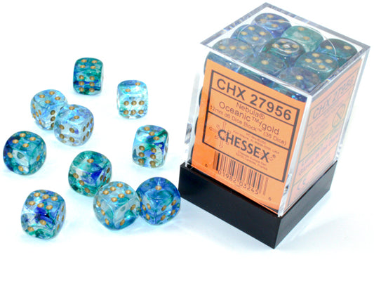 Chessex Dice - 12mm d6 Dice Block - 36 Dice - Nebula - Oceanic/gold