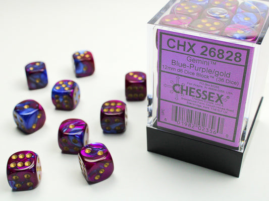 Chessex Dice - 12mm d6 Dice Block - 36 Dice - Gemini - Blue-Purple/gold