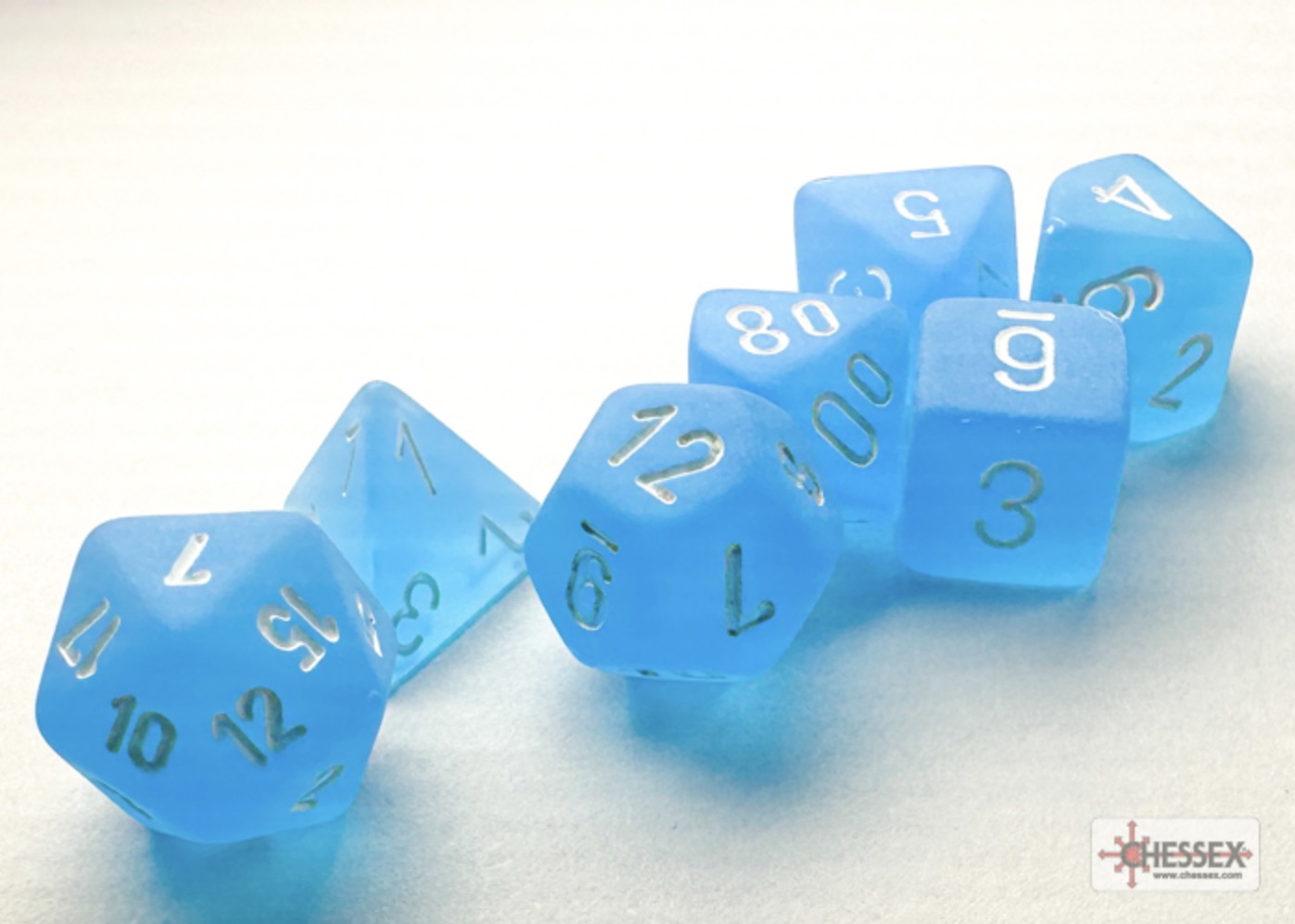 Chessex - Mini-Polyhedral 7 Die Set - Frosted, Caribbean Blue & White