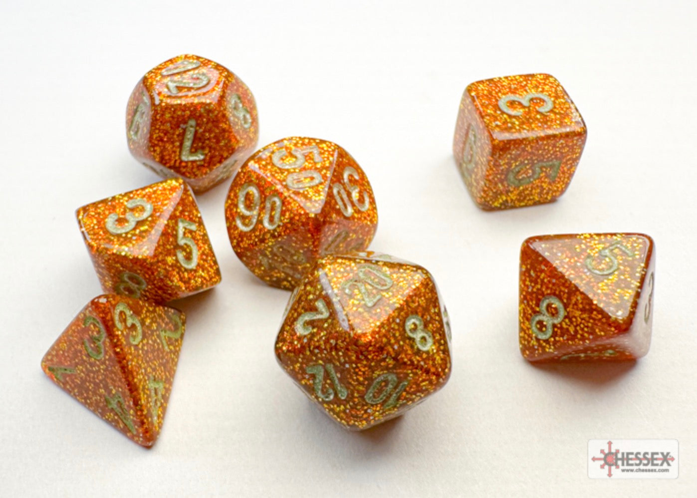 Chessex - Mini-Polyhedral 7 Die Set - Glitter, Gold & Silver