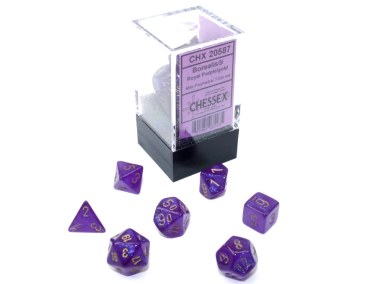 Chessex - Mini-Polyhedral 7 Die Set - Borealis, Royal Purple & Gold