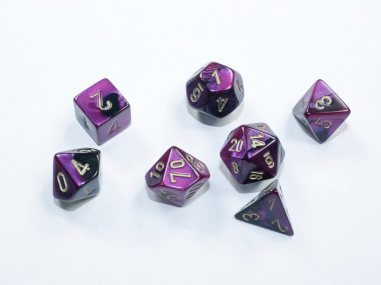Chessex - Mini-Polyhedral 7 Die Set - Gemini, Black, Purple & Gold