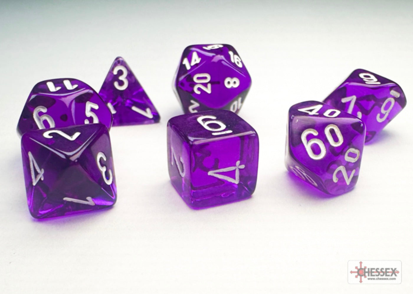 Chessex - Mini-Polyhedral 7 Die Set - Translucent, Purple & White