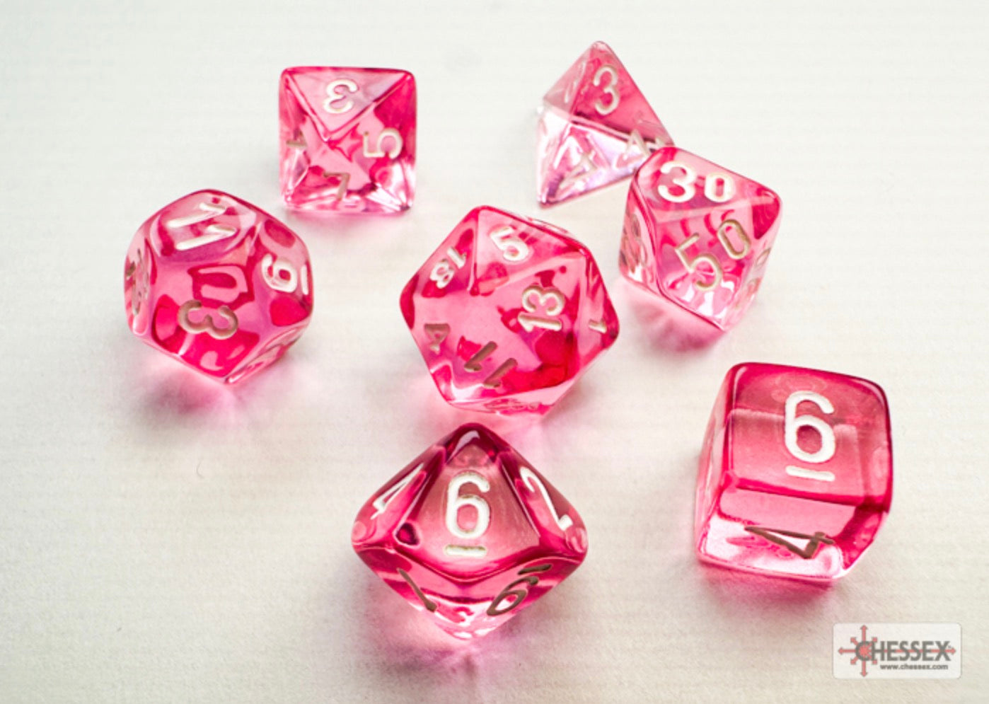 Chessex - Mini-Polyhedral 7 Die Set - Translucent, Pink & White