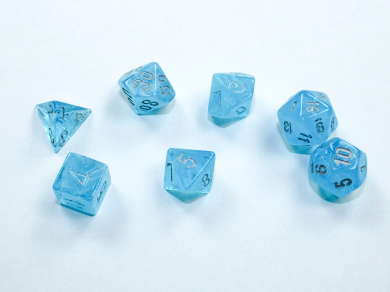 Chessex - Mini-Polyhedral 7 Die Set - Luminary, Sky & Silver