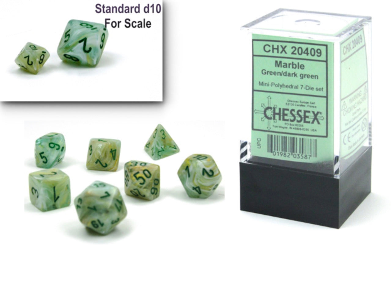 Chessex - Mini-Polyhedral 7 Die Set - Marble, Green & Dark Green
