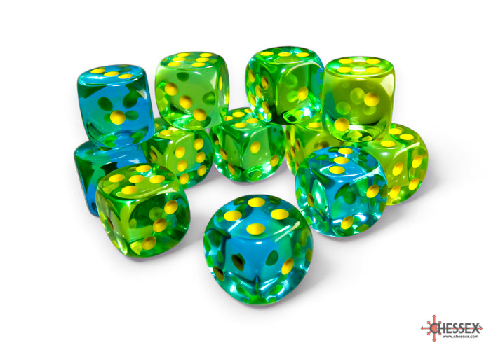Chessex Dice - 16mm d6 Dice Block - 12 Dice - Gemini Translucent - Green-Teal/Yellow