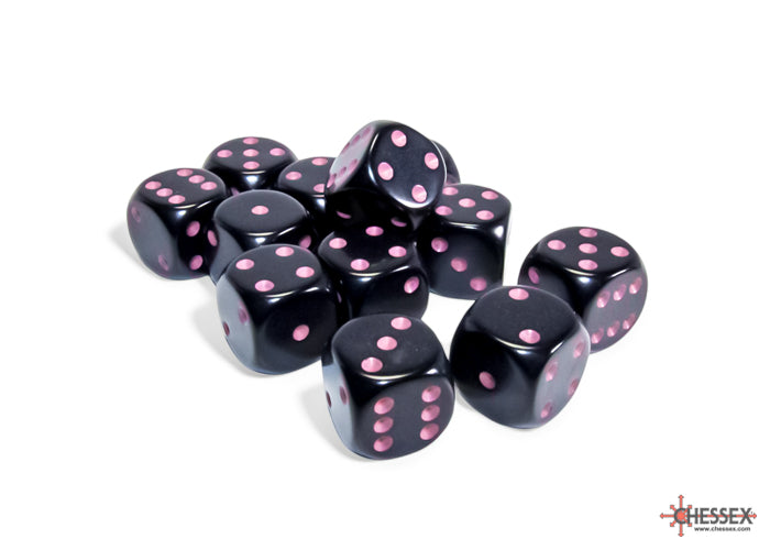 Chessex Dice - 16mm d6 Dice Block - 12 Dice - Opaque - Black-pink