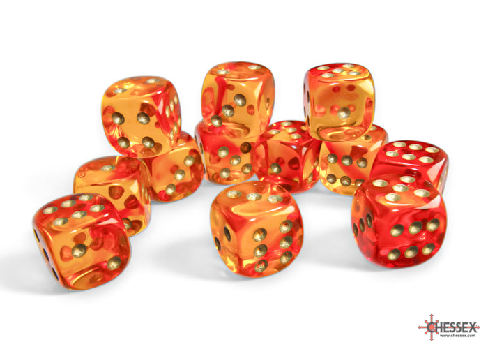 Chessex Dice - 16mm d6 Dice Block - 12 Dice - Gemini Translucent - Red-Yellow/Gold