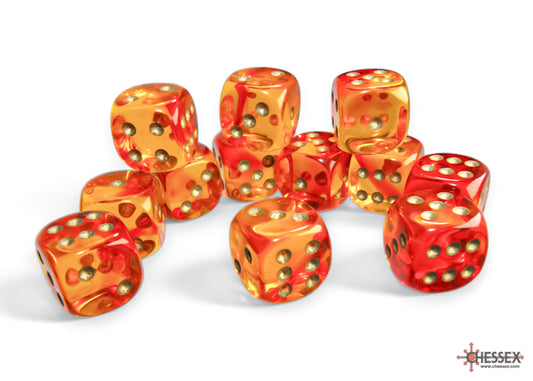 Chessex Dice - 16mm d6 Dice Block - 12 Dice - Gemini Translucent - Red-Yellow/Gold