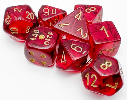 Chessex Dice - Polyhedral 7-die Set with bonus die - Translucent - crimson/gold