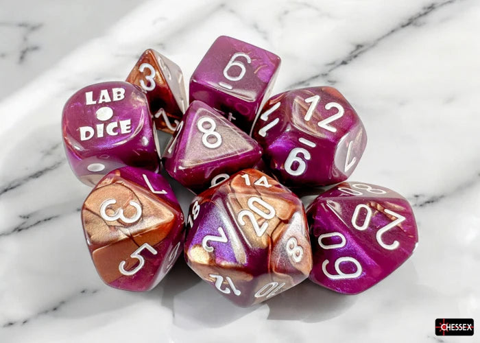 Chessex Dice - Polyhedral 7-die Set with bonus die - Gemini - copper-purple/white