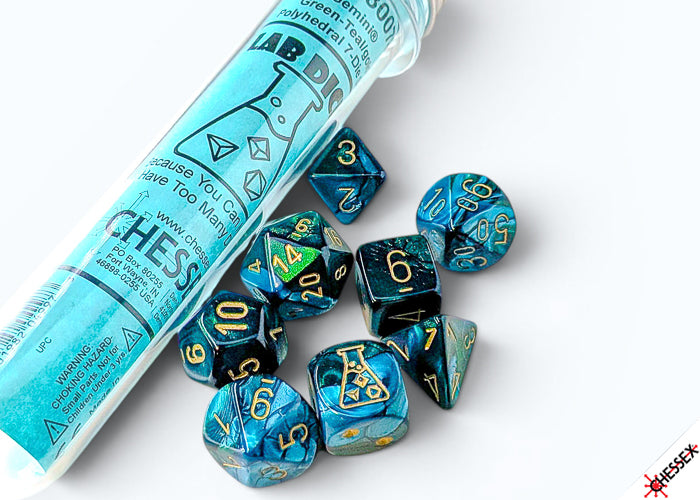 Chessex - Lab Dice - Polyhedral 7 Die Set - Gemini, Green-Teal/gold