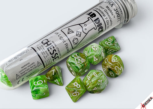 Chessex - Lab Dice - Polyhedral 7 Die Set - Marble, Sour Green/white