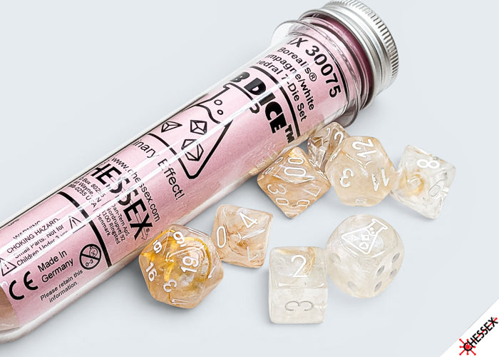 Chessex - Lab Dice - Polyhedral 7 Die Set - Borealis, Champagne/white