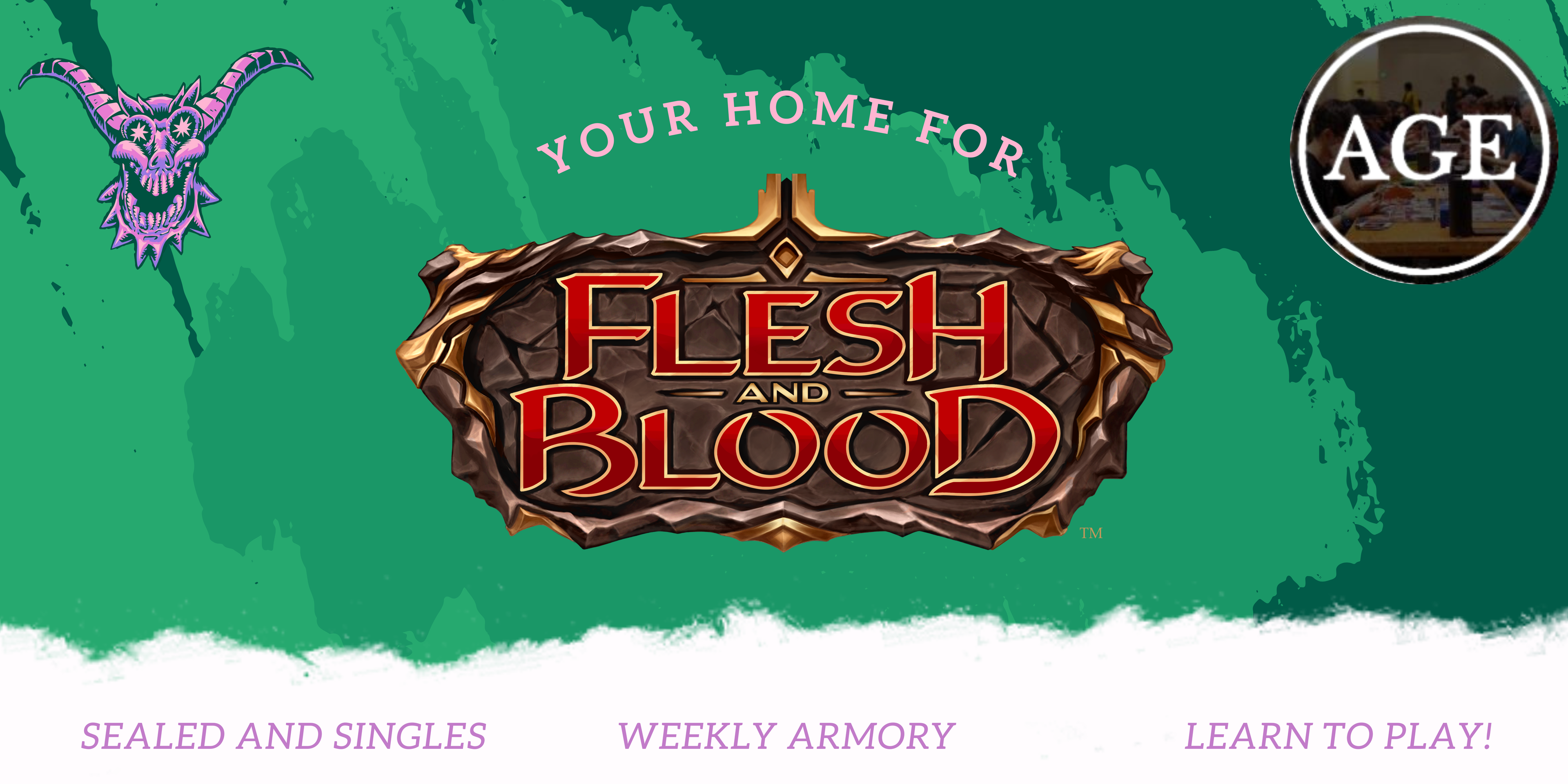 Logo for 'Flesh and Blood' with a green background and 'AGE' branding.